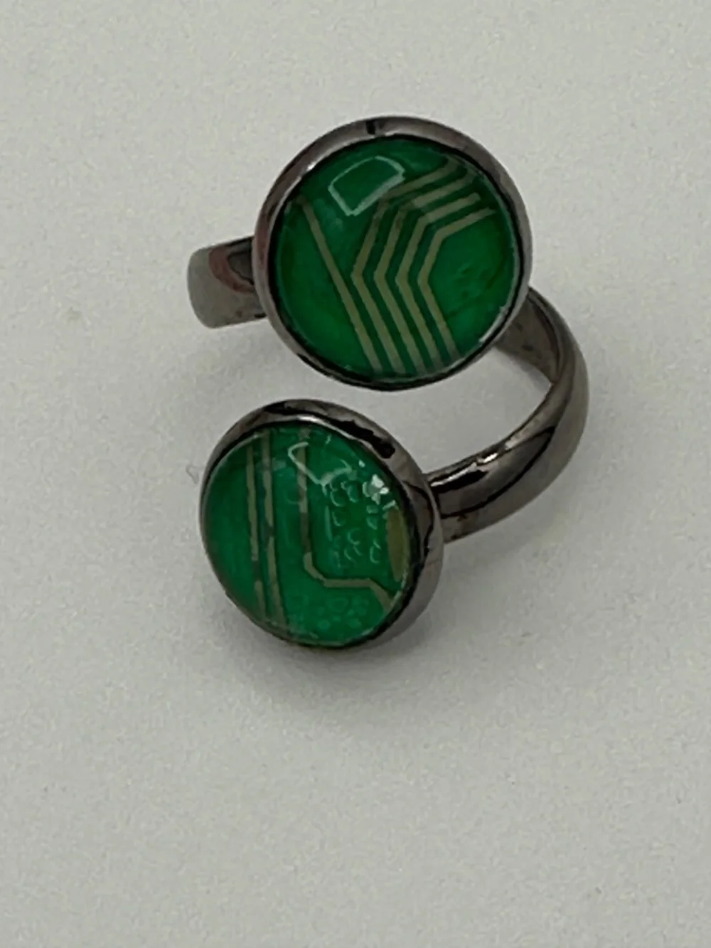 Adjustable Bypass Ring Dual-Cabochon Design Upcycled Green Circuit Boards